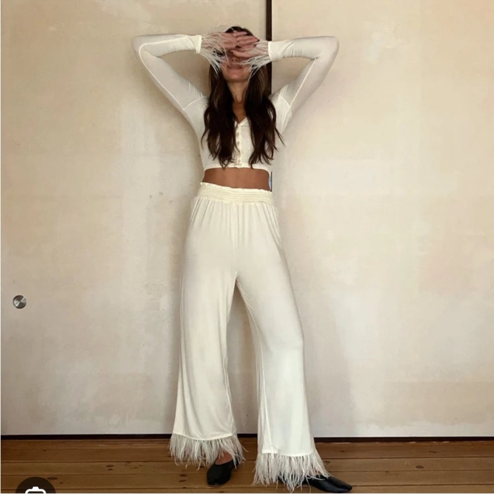 WeWoreWhat Cream Wide Leg Pants with Feather Detail